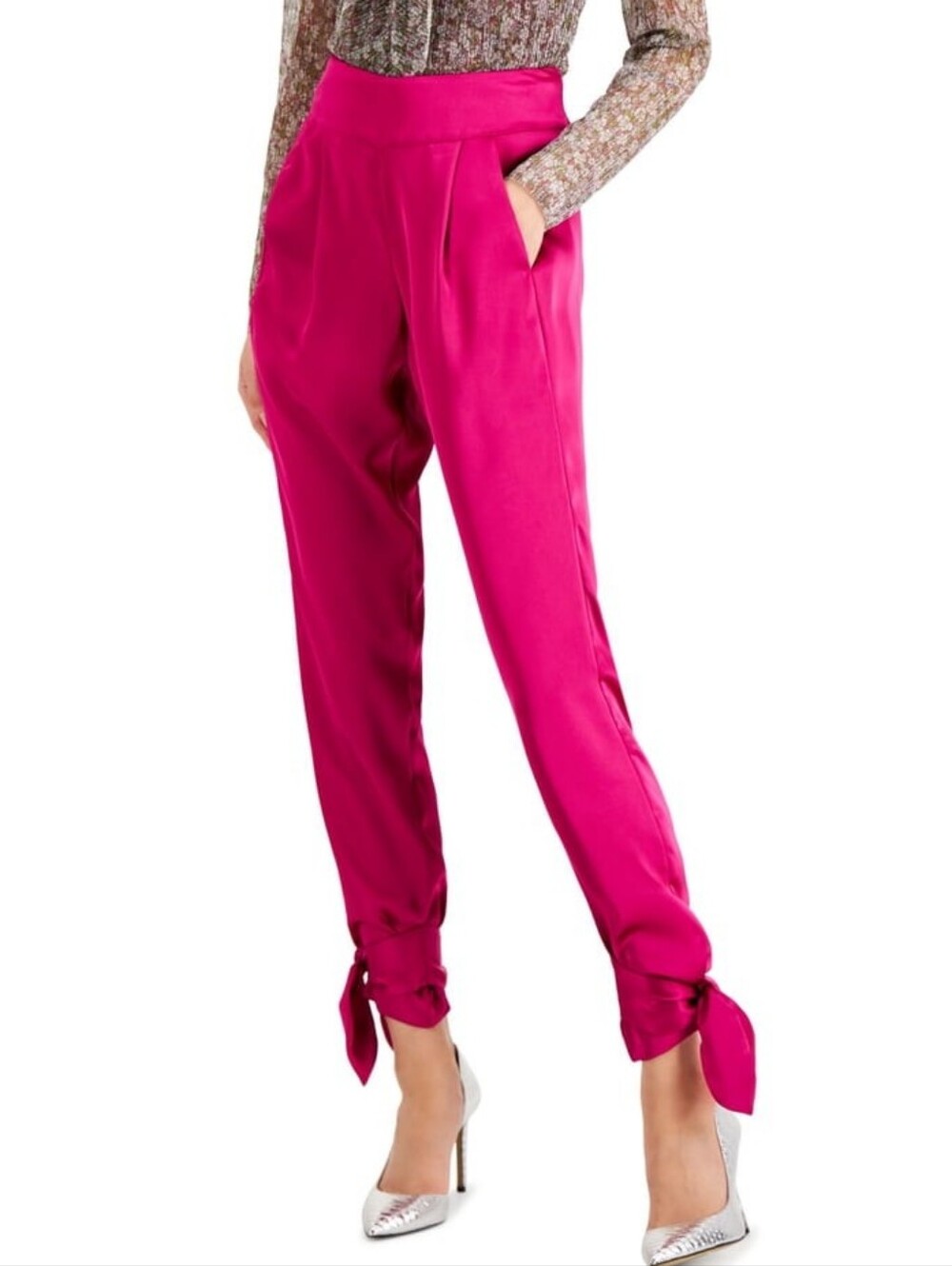 INC Pink Satin High Rise Skinny Tie Cuff Party Pants Sz 14